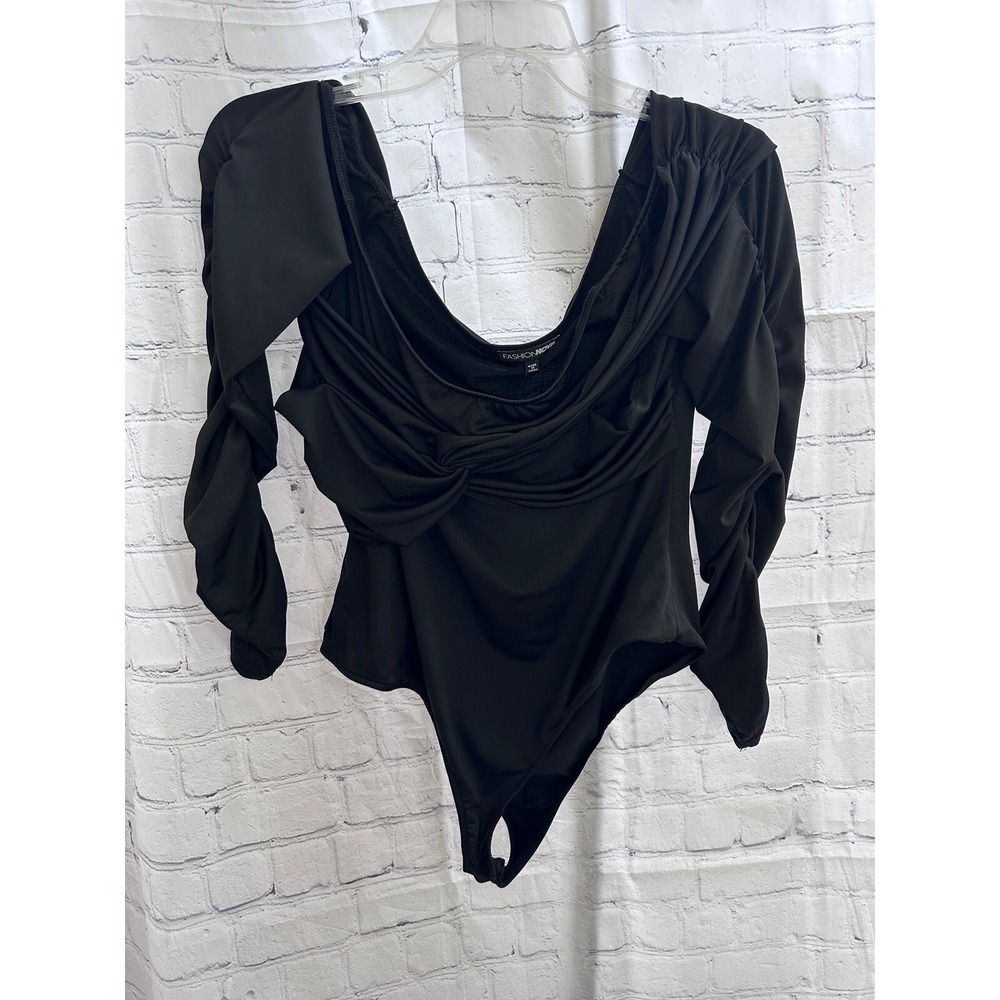 Fashion Nova Off Shoulder Bodysuit Ruched‎ Long Sleeve Black Bodysuit L